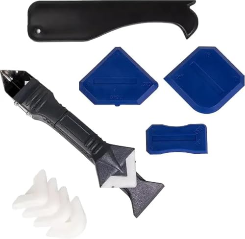 3-in-1 Silicone Caulking Tools with Stainless Steel Head Sealant Finishing Tool Grout Scraper 5 Reusable Silicone Pads for Kitchen Bathroom Window Sink Joint