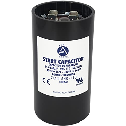 Appli Parts motor start capacitor 540-648 Mfd (microfarads) uF 110-125VAC universal fit for electric motor applications 1-3/4 in Wide 3-3/8 in Height CON-540-110