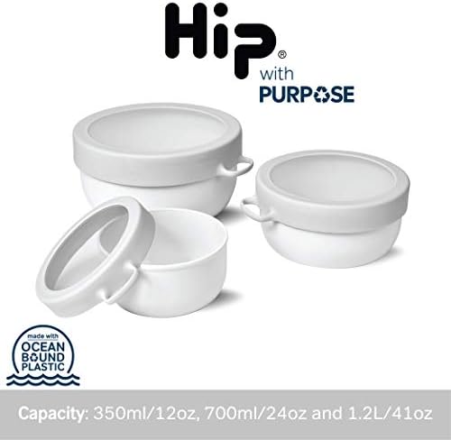 Hip Nesting Bowls - Set of 3-350ml/12oz, 700ml/24oz & 1.2L/41oz Capacity - Reusable and Portable Stacking Storage Containers with Clear Lids and Carry Handle - BPA Free & Recyclable - Cloud