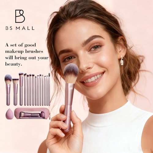 Image of BS-MALL 14 Pcs Makeup Brushes Set with 1 Pcs Makeup Sponge - Essential Foundation Powder Concealers, Eye Shadows, Blush Makeup Brushes with Travel Makeup Case (Matte Gold Pink)