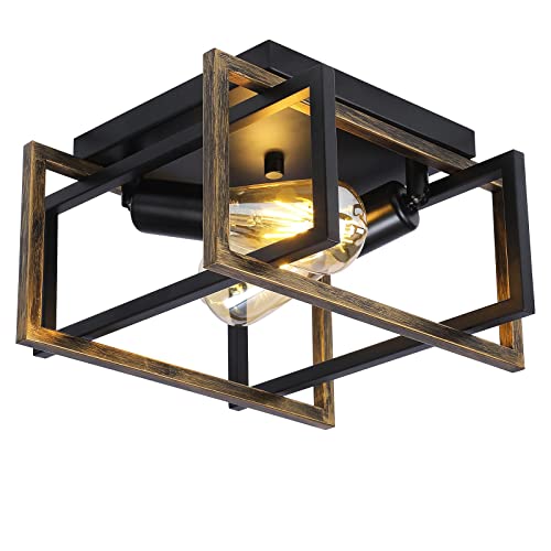 Plafonnier vintage 2 lumières noir et grain de bois rustique