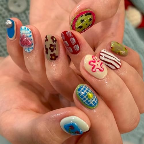Image of Summer Press on Nails Short Oval Fake Nails Starfish Flower with Design Glossy Full Cover Stick on Nail for Women Manicure 24Pcs
