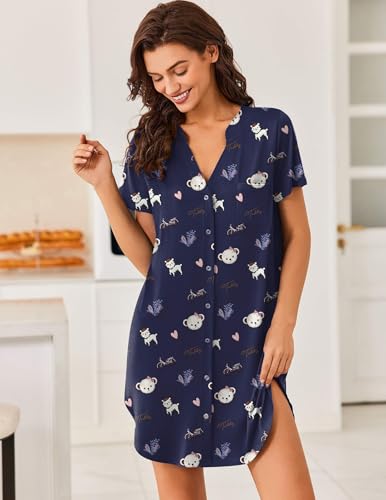 Image of Ekouaer Women V Neck Button Down Nightgown