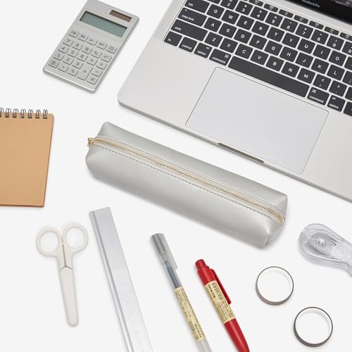 Image of Faux Leather Color Pencil Case Multifuncional and Simple with Zipper for School (Pearl Silver)