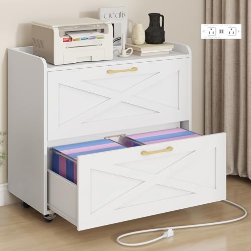 Halitaa Lateral File Cabinet 2 Drawers Mobile File Cabinet with Charging Station for Letter/Legal/A4 Size Hanging Files, Large Wood File Storage Cabinets Printer Stand for Home Office, Simple White
