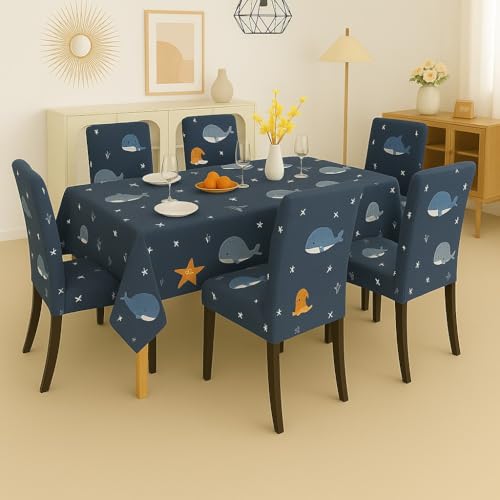 Image of Homerz Premium 6 Seater Dining Table Cloth with 6 Dining Chair Covers,Elastic Fitted Chair Slipcovers, Printed Polycotton Fabric, Table Cloth Size 60x90 inch (Aquadrome)