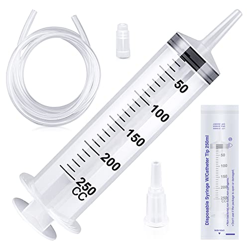 150/250/350/550 ml Jeringa de Plástico Grande, Jeringuilla de Plástico con Manguera, Reutilizables, Embalaje Independiente para Laboratorio, Medición, Alimentación de Mascotas, etc. (250ml)