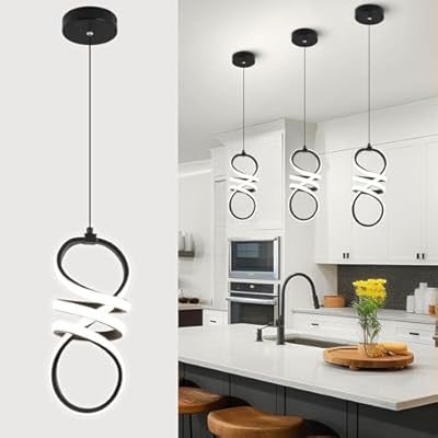 EIDISUNY Modern Led Pendant Light Fixture, 15W Black Spiral Pendant Light Kitchen Island, 4500K Daylight White Pendant Lamp, Adjustable Height Chandelier for Kitchen Dining Room Bedroom (Black)