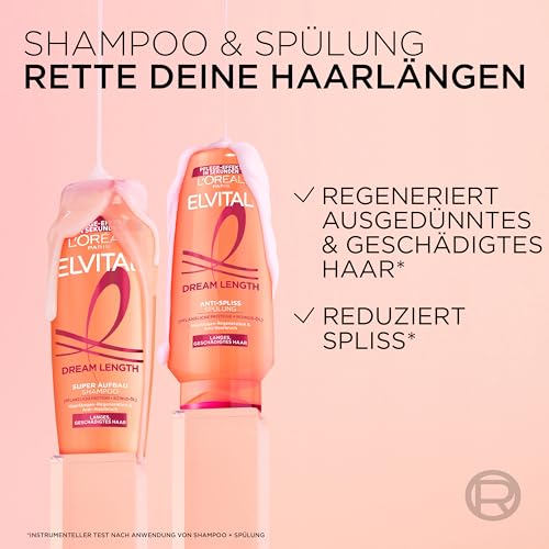 L'Oréal Paris Elvital XXXL Shampoo gegen Spliss, Für traumhaft langes Haar, Mit Rizinusöl, Vitaminen und pflanzlichen Proteinen, Dream Length Super Aufbau Haarshampoo, 1 x 1000 ml