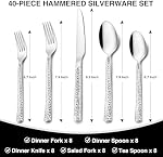 Hammered Silverware Set, 40-Piece Stainless Steel Square Flatware Set for 8, Food-Grade Tableware Cutlery Set, Utensil Sets for Home Restaurant, Mirror Finish, Dishwasher Safe