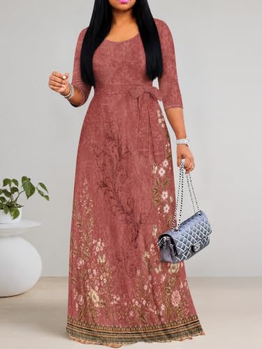 Image of PinkPatty Plus Size Maxi Dress for Women Casual V Neck 3 /4 Sleeve Boho Printed Long Dress with Pockets