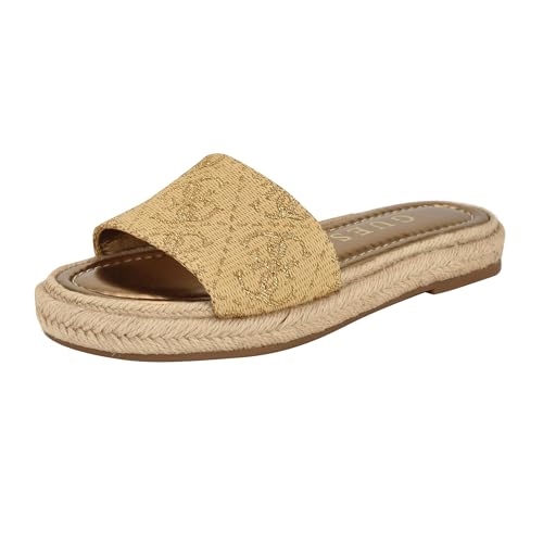 Guess Women's KATIC Flat Sandal, Gold Logo 710, 5.5