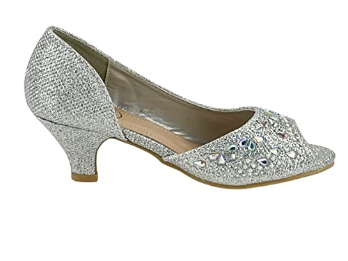 Girls Fashion Kitten Heels - Glittering Rhinestone Dress Shoes for Kids - Peep Toe Low Pump Sandals for Fancy Events - Great for Weddings, Pageants, Church, and More4