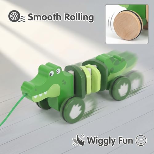 Image of Baby Toys Car,Wooden Pull Along Toddler Toy, Developmental Toy for 1 Year Old Girl Boy Birthday Gift (Crocodile)