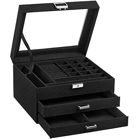 SONGMICS Schmuckkästchen, Schmuckkasten mit Glasdeckel, abschließbar, für Ringe, Ohrringe, Ohrstecker, Armbänder, Halsketten, Geschenkidee, schwarz JBC158B01 Cover