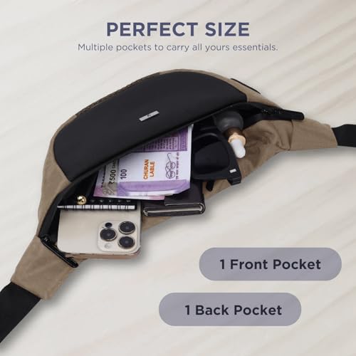 Image of WILDHORN 2.4L Waist Bag for Men Women I Headphone Hole I Ultra Strong Stitching, Sturdy Zippers, Waterproof, Fanny Pack for Hiking Travel Camping Running Sports with Adjustable Strap (Khaki & Black)