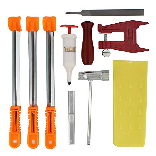 Felled Chainsaw Sharpening Kit with Chainsaw File Set, Guides, Depth Gauge Tool, Stump Filing Vise, Grease Gun, Wedge