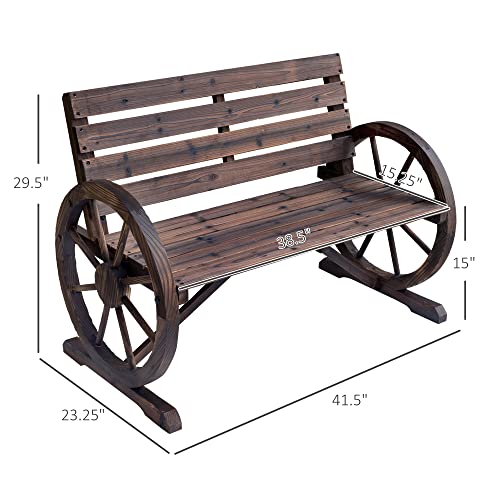 Image of 41 inch Wooden Wagon Wheel Bench, Rustic Outdoor Patio Weather Resistance Furniture, 2 Person Slatted Seat Bench with Backrest, Carbonized