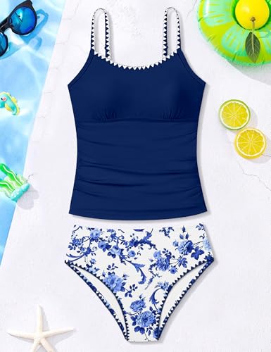 Image of Girls Swimsuit Solid Color Tankini Contrast Trim Swimwear 2 Piece Bathing Suit Padded Swimsuits for Teens 9-16Y