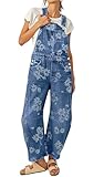 loveimgs Women Floral Print Denim Overalls Baggy Barrel Jeans Patchwork Denim Pants Y2k Straps Wide Leg Jumpsuit One Piece (Large,Blue)
