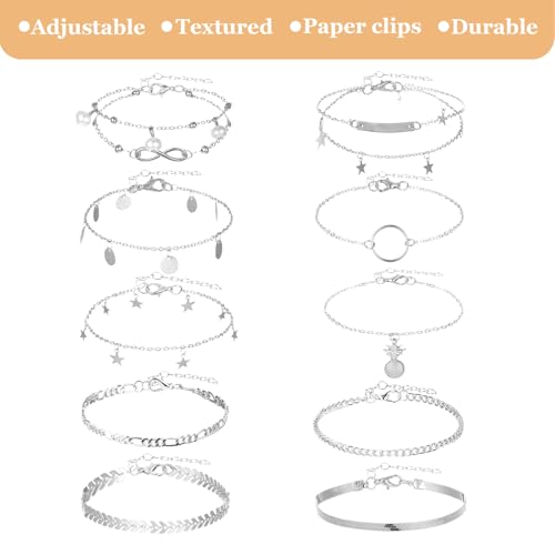 Image of 12pcs Gold /Silver Ankle Bracelets for Women Layered Waterproof 14k Cuban Link Chain Anklets Set Adjustable Dainty Summer Beach Gold Accessories Boho Bracelet Jewelry