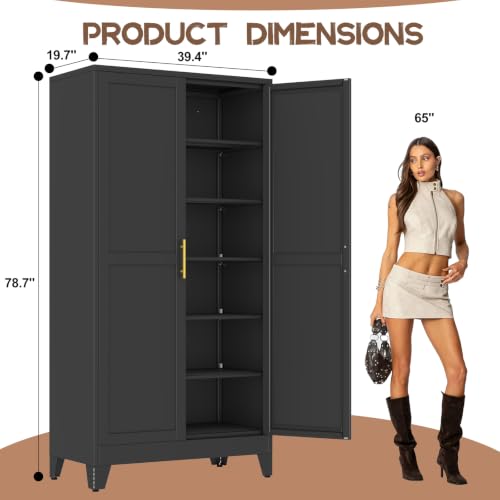 Image of winiowa 78.7 inch Tall Metal Pantry Cabinet, Kitchen Storage Organizer, Black | with 2 Doors and 5 Adjustable Shelves, Versatile Storage Cupboard for Kitchen, Laundry, Dining & Utility Room