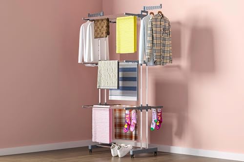 Image of Premium Stainless Steel Clothes Drying Stand | 3 Tier 2 Pole Foldable Laundry Rack with Wheels & Sock Holder | Heavy Duty Indoor & Outdoor for Balcony, Terrace & Home - Gray