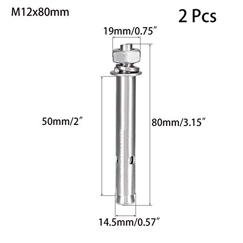 Image of 2 Pcs M12 x 80mm 304 Stainless Steel Expansion Bolt External Hex Expansion Screw Bolt Sleeve Anchor,Pool-Safety-Cover Expansion Bolts