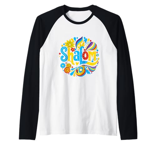 Colorido Hebreo Shalom Hanukkah Holiday Camiseta Manga Raglan