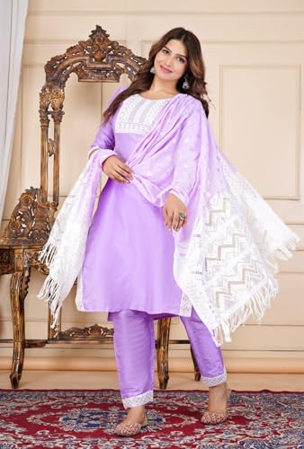 Image of Women's Silk Embroidered Kurta with Pant and Dupatta Set, Straight Style