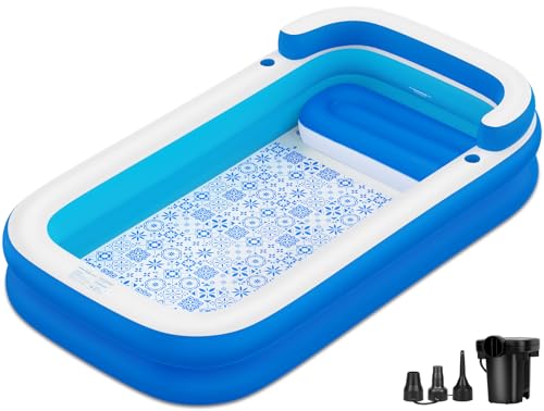 Extra Large Inflatable Pool for Adults 120"x85"x26" – Blow Up Pool with Seats & Backrest, Fits 10 Adults, Air Pump Included, Heavy Duty Above Ground Family Swimming Pool, Inflatable Pool for Backyard by HRLA - Used condition - US$66.49