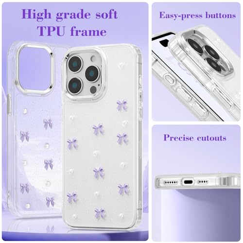 Coque iPhone 15 Pro Max avec noeud violet 3D pailleté étincelant design esthétique