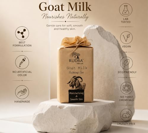 Image of Rudra Body Care Goat Milk Soap for Dry Skin | Deep Moisturizing | Handmade Bathing Bar | Gentle & Skin-Friendly Cleanse | 100g (Pack of 1)
