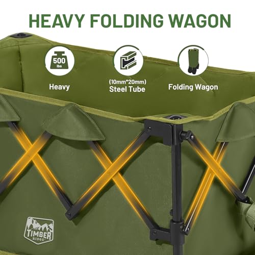 Image of TIMBER RIDGE Outdoor Collapsible Folding Wagon with Brakes and Cup Holders, 500lbs Heavy Duty All Terrain Wheels Utility Cart for Shopping Camping Garden Sports, Green