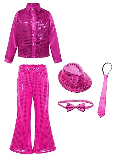 easyforever Boys Girls Shiny Hip Hop Jazz Dance Disco Costume Long Sleeve Shirt with Flare Pants Hat Bowtie Necktie Hot Pink 11-12 Years