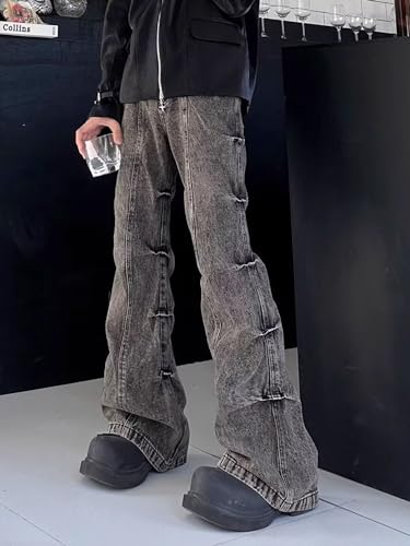 Flared Jeans for Men Mid Waist Stretch Slim Fit Pleated Y2K Streetwear Denim Pants Casual Loose Fit Hip Hop Jeans3