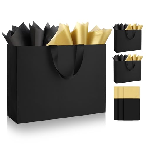 Epoesch Extra Large Black Gift Bags with Handles and Tissue Paper, 16x6x12 Inch 3 Pack Paper Bags Bulk for Birthdays Party, Shopping, Weddings, Valentine's Day, Easter, Anniversaries (Black Extra Large-3Pcs)