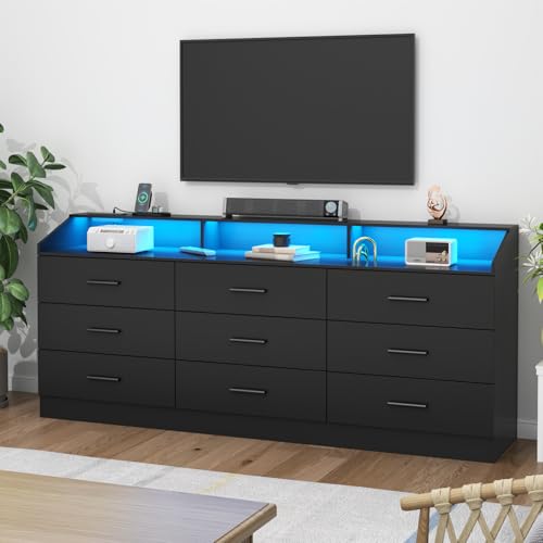 9 Drawers Dresser, Dresser for Bedroom with Power Outlet, Modern Chest of Drawers with LED Light, Storage Dressers with Open Storage Cubby, Dressers Organizer for Closet, Entryway, Living Room, Black
