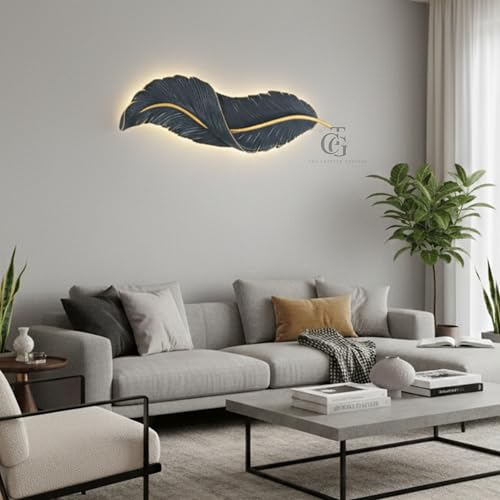 Image of Resin Antique Feather Wall Sconce|Snowy Quill Decorative Wall Light for Living Room, Hallway, Dinning Area, Kitchen- Warm White, Cool White, Natural White (Black+Golden)
