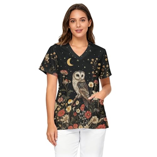 Xumfabuy Womens Scrub Tops Owl Scrubs Comfort Fit Scrubs for Women V-Neck Printed Scrub Top Nurse Uniform with Pockets Womens Clinic Wear Four-Way Stretch, Anti-Wrinkle
