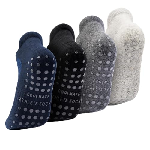 Image of CoolMate GLOBAL Mens Grip Socks Non Slip Size 6-14, Anti Slip Pilates Yoga Socks for Men with Grips (US, Numeric, 11, 14, Regular, Regular, Navy/Black/Grey/Light Grey)