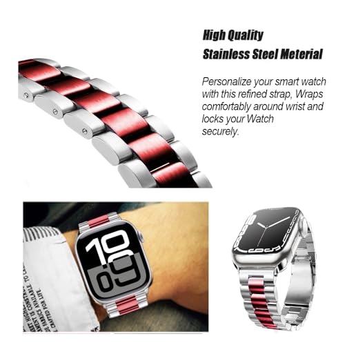 DEALELE Paski kompatybilne z iWatch 38 mm, 40 mm, 41 mm, solidny metalowy pasek zastępczy ze stali nierdzewnej do Apple Watch serii 9/8 / 7/6 / 5/4 / 3 / SE dla kobiet i mężczyzn (srebrny/czerwony)
