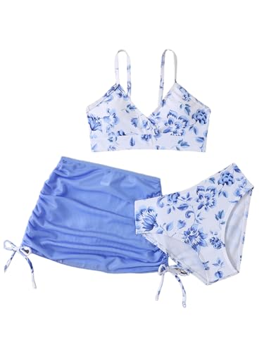 Image of Girl's 3 Piece Sets Floral Print Bikini Swimsuit High Waisted Bathing Suits with Beach Skirt Coverups