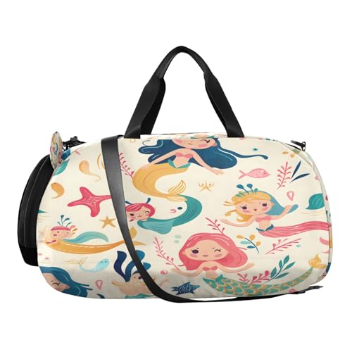 Gym Travel Duffle Bag for Boys Girls Cute Mermaids and Friends Sports Dance Bag with Shoe Compartment & Wet Pocket Football Kids Travel Bag Teens Sleepover Carry2