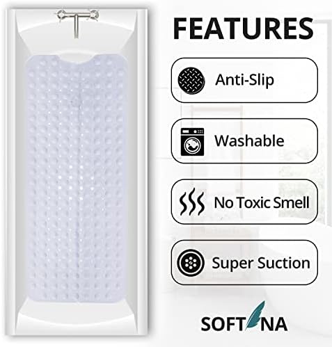 SOFTANA Non Slip Bath Mats with 200 Suction Cups - Shower Mat Non Slip Anti Mould for Bathroom & Bathtubs - PVC material 30% Extra Long Bath Mat - Machine Washable - 40x100 cm || Pure White