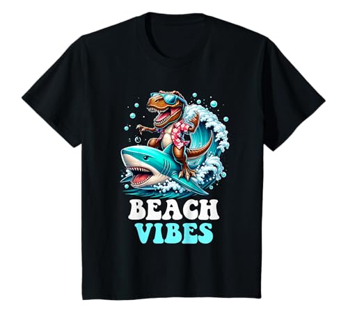 Beach Vibes T-Rex Dinosaur Riding Shark Surfing Wave Funny T-Shirt