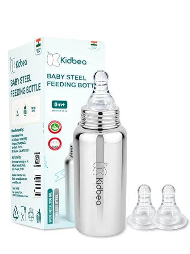 Image of Kidbea Steel Feeding Bottle 250ml for Newborns with Extra 2 Silicon Nipples | BPA Free, Food Grade, Leakproof | Safe & Durable Baby Milk Feeder