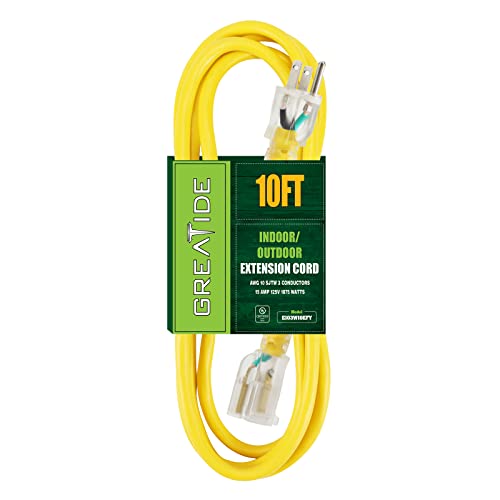 GREATIDE 10 Ft Lighted Outdoor Extension Cord - 10/3 SJTW Heavy Duty Yellow Extension Cable with 3 Prong Grounded Plug for Safety, UL Listed
