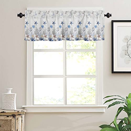 Vograud Ocean Valances For Windows Nautical Ocean Starfish Seahorse Shell Kitchen Valances Rod Pocket Curtain Washable Small Window Treatment For Bathroom/Living Room/Bedroom/Home Decor #TOP2