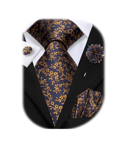 Image of Hi-Tie Men Silk Ties Set with Flower Lapel Pin Necktie Pocket Square Cufflinks for Tuxedo Wedding Business